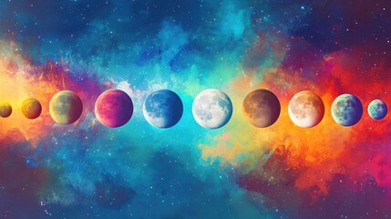Poster - Stunning Colorful Universe with Planets in a Cosmic Background Featuring Blues, Purples, and Reds, Evoking a Sense of Wonder and Exploration in Deep Space