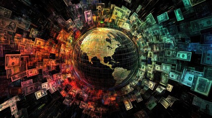 Poster - Abstract Visualization of Global Currency Flow Surrounding Earth with Colorful Money Patterns and Digital Effects Representing Economic Activity and Financial Concepts