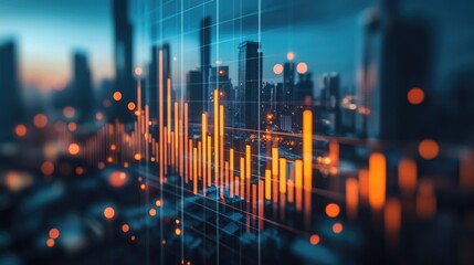  - Abstract financial data visualization with glowing orange bars against a blurred city skyline at sunset, representing market trends and economic growth.
