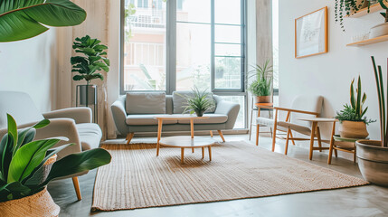 Wall Mural - Scandinavian-inspired living room interior design with light gray furniture, white walls, a minimalist rug, and indoor plants in ceramic pots near a large picture window.