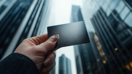 Poster - A premium, metallic-finish credit card held in a businessperson hand, with cityscape skyscrapers in the background.
