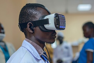 Poster - Focused African doctor using VR headset for surgical simulation in hospital setting. VR technology enhances training capabilities in modern medical education, providing hands-on virtual experience.
