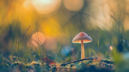 a mushroom is sitting on a patch of grass
