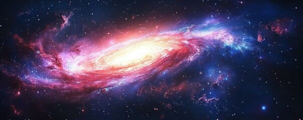 Wall Mural - Spiral galaxy with radiant arms stretching out, glowing with shades of blue, pink, and purple.