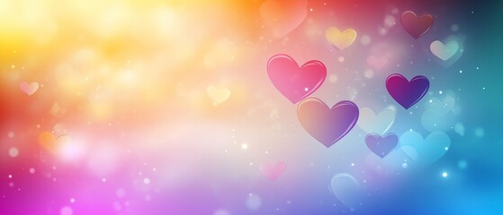 Poster - Colorful background with many hearts flying around. The background is a mix of colors and the hearts are in different sizes and colors. Scene is cheerful and playful