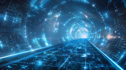 Poster - Futuristic digital tunnel with glowing blue lines and data streams.