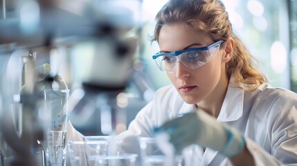Aufkleber - Focused female scientist conducting experiments in a laboratory, showcasing precise techniques and modern equipment for research and innovation in science and technology