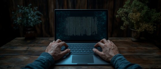 Poster - Person is typing on a laptop computer. The screen is lit up with a black background and a white text. The person is focused on the task at hand, possibly working on a project or writing an email