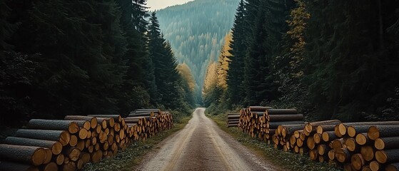 Wall Mural - road with a forest in the background. the road is lined with logs and the trees are green