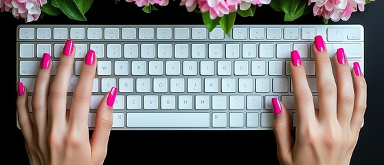 Aufkleber - Woman is typing on a keyboard with pink fingernails. Concept of relaxation and leisure, as the woman is taking her time to type. The pink fingernails add a touch of femininity