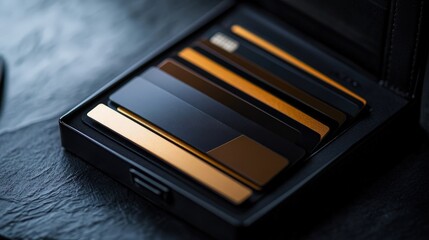 Poster - A sophisticated image showing a business cardholder open to reveal multiple credit cards with different designs and finishes.