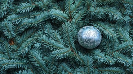 Poster - A blue Christmas tree with a silver ball on top