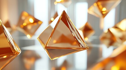 Poster - Dynamic Floating Golden 3D Shapes in Bright Space