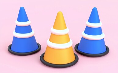 Poster - A 3D render of an abstract background, cones, primitive geometric shapes, pastel colors, a simple mockup and minimal design elements are shown.