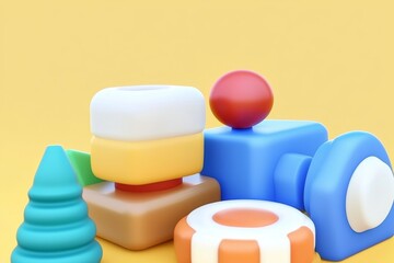Poster - Composition of geometric shapes in yellow and green tones. Illustration in 3D.
