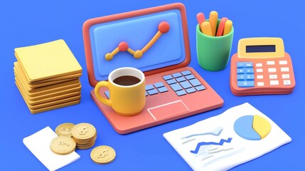 Fototapete - Isometric modern illustration of office workspace with table, laptop, folder, documents, notepad, business card, purse, calendar, headphones, coffee. Business background.