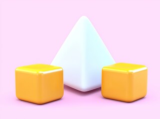 Poster - A 3D abstract modern minimal background with a white triangular canvas isolated on pink, crystal glass pyramid, golden polygonal decor, fashion minimalistic scene, simple clean design, blank feminine
