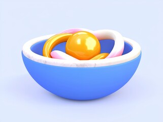 Poster - A modern, abstract background in 3D, highlighting a golden core ball nestled within a marble hemisphere shell, with isolated objects, a stack of bowls, a clean and simple design, and classy decor.