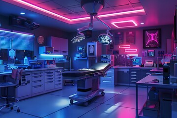 Poster - Futuristic operating room with neon lighting, medical equipment, and surgical table.