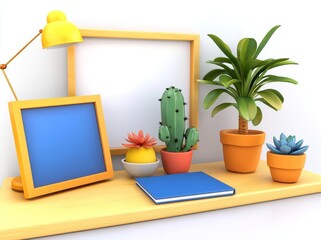 Poster - Three-dimensional illustration of square wooden frame with green cactus.