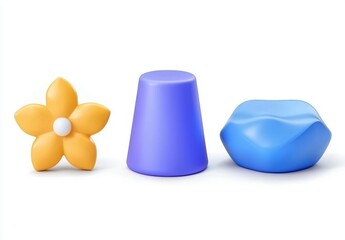 Poster - An assortment of 3D objects with purple geometric shapes, rendered realistically and isolated on a white background with a metallic color gradient. These decorative violet shapes are ideal for