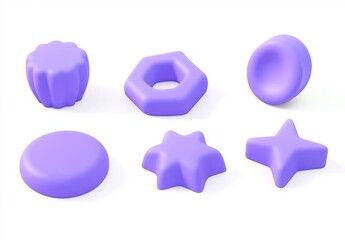 Poster - Collection of 3D objects featuring purple geometric shapes. These realistic geometric elements are isolated on a white background with a metallic color gradient. The decorative violet figures are