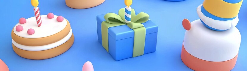 Poster - Birthday cake, hat, gift and party popper. 3d rendering with minimal color.