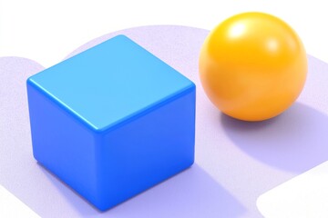 Poster - On a blue background, a sphere or ball is balanced on the edge of a cube geometric shape. Abstract 3D illustration.