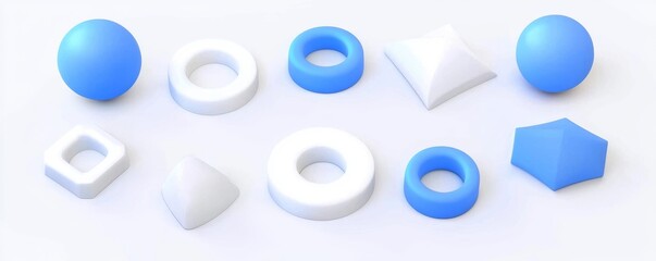 Poster - 3d rendered white geometric shapes objects isolated on grey background. White realistic primitives with shadows - sphere, pyramid, torus, cone. Abstract decorative modern figure for trendy design.