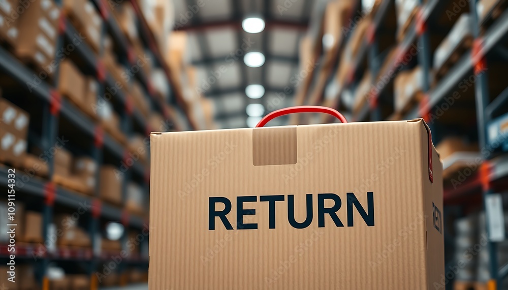 Shipping Box Return Cardboard Box with Return Label in a Warehouse Representing Online ...