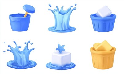 Poster - 3D realistic set of objects with transparent water splashing and ice.