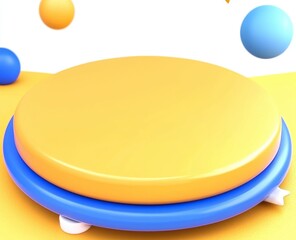Poster - A 3D abstract geometric shape object rendered on a yellow podium with a minimal studio background, perfect for summer holiday product displays.