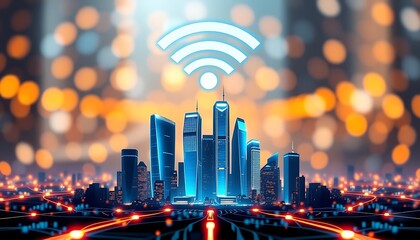 Poster - Futuristic cityscape with digital network and wifi symbol representing smart city connectivity