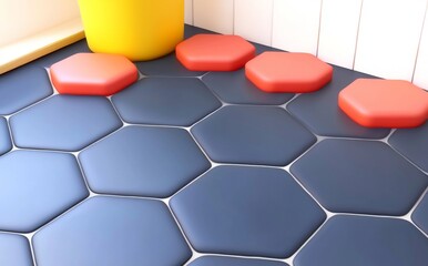 Poster - Objects made of dark black metal tiles with red backlighting in a lava concept 3d render illustration