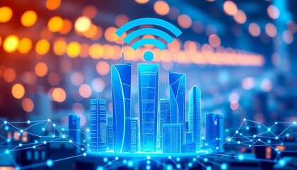 Poster - Futuristic cityscape with digital network and wifi symbol representing smart city connectivity