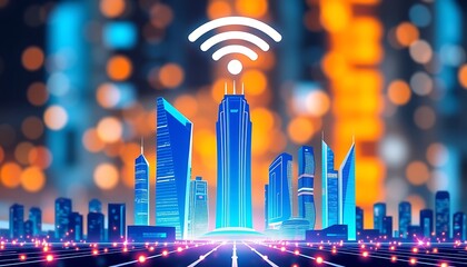 Poster - Futuristic cityscape with digital network and wifi symbol representing smart city connectivity