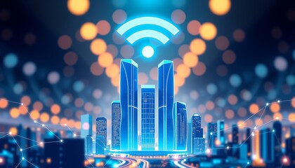 Poster - Futuristic cityscape with digital network and wifi symbol representing smart city connectivity