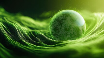 Poster - Abstract Green Waves with 3D Sphere in Motion