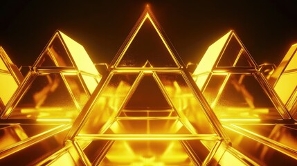 Poster - Golden Abstract 3D Pyramids with Glowing Bars