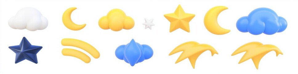 Poster - For use in web design, a 3D design set of weather icons shows the sun shining, clouds, lightnings, and snow or rain forecasts. It is an isolated object in a plastic style, with an isolated background
