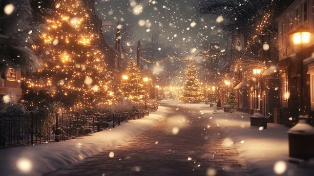 A winter night with snowflakes falling softly on a street lined with warm glowing lights, creating a magical atmosphere