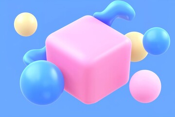 Poster - An illustration from a stock collection showing geometric forms and reflective spheres on a square base near a wall, colored in red and pink.