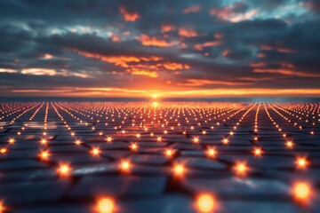 Poster - Futuristic sunset landscape with glowing grid pattern.