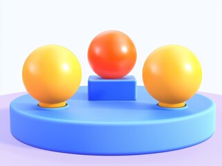 Poster - The front view of the 3D abstract image of three orange balls on three transparent cylinders against a blue background can be seen in the image below