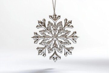 Wall Mural - Decorative silver snowflake ornament hanging against a white background