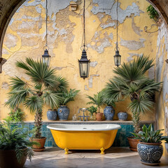 Wall Mural - a bathroom with yellow walls, a white bathtub, and a yellow sink. There are also several potted plants and hanging lights.