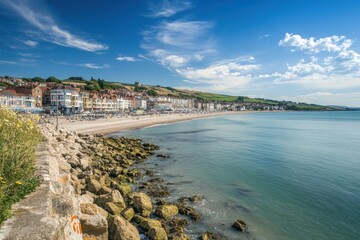 Wall Mural - Coastal view showcasing the sandy beach and seaside buildings in a vibrant seaside resort