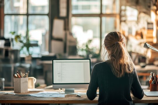 Focused woman working on a computer in a spacious creative office environment