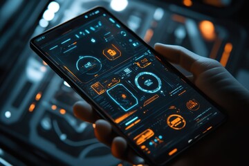 Fototapete - A person is holding a cell phone with a screen displaying a lot of numbers