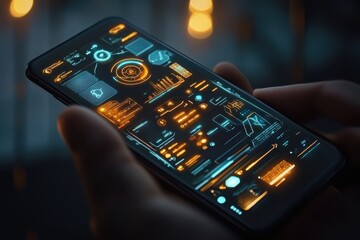 Fototapete - A person is holding a cell phone with a glowing screen